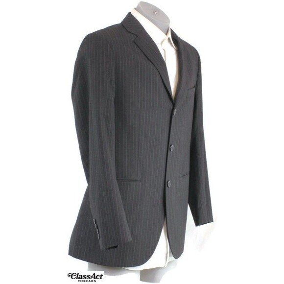 J. Ferrar Black Mens Modern Fit 2 Piece Suit 3 Btn Black Striped 40R 34" Waist - Picture 4 of 10